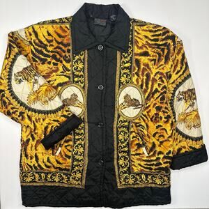 Vintage 1990’s Mureli Quilted Silk Jacket with Tiger Scarf Print Size Large